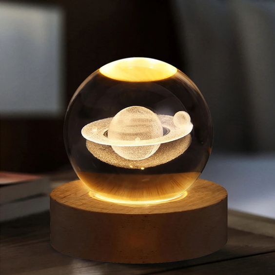 3D Galaxy Crystal Ball Lamp with Wooden LED Base