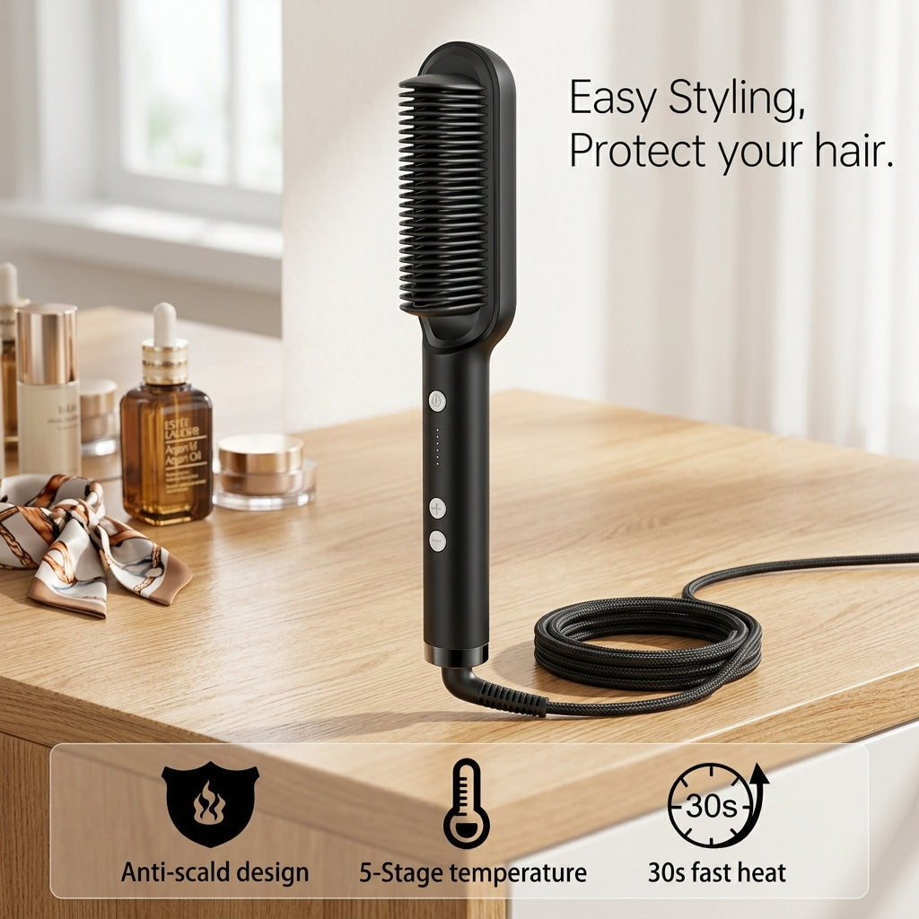 Professional Hair Straightener Brush – Anti-Scald Comb with 5 Temperature Settings