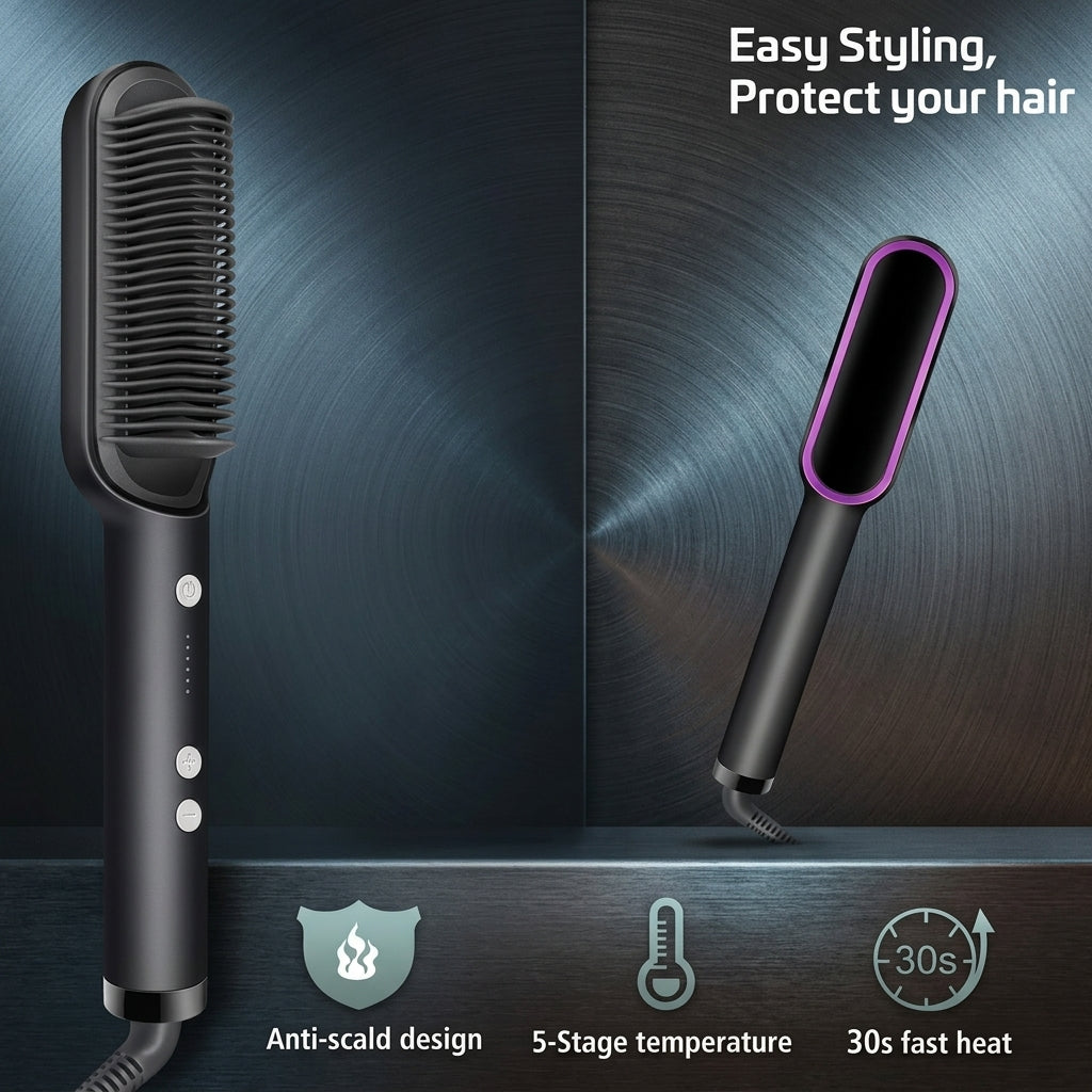 Professional Hair Straightener Brush – Anti-Scald Comb with 5 Temperature Settings