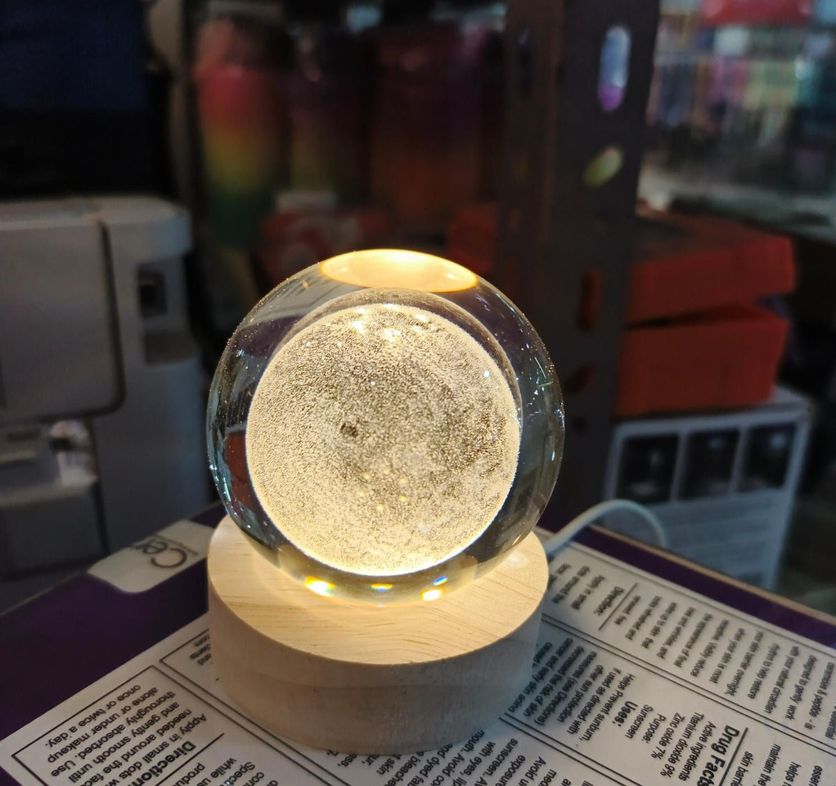 3D Galaxy Crystal Ball Lamp with Wooden LED Base