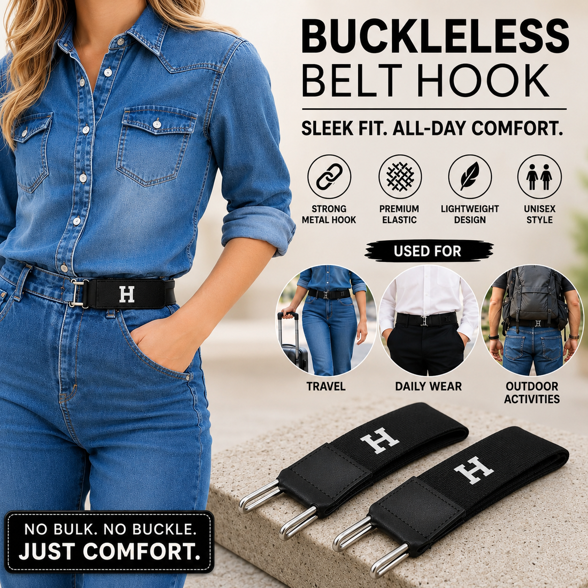 Pair Of Adjustable Buckleless Elastic Waist Belt with Metal Hooks